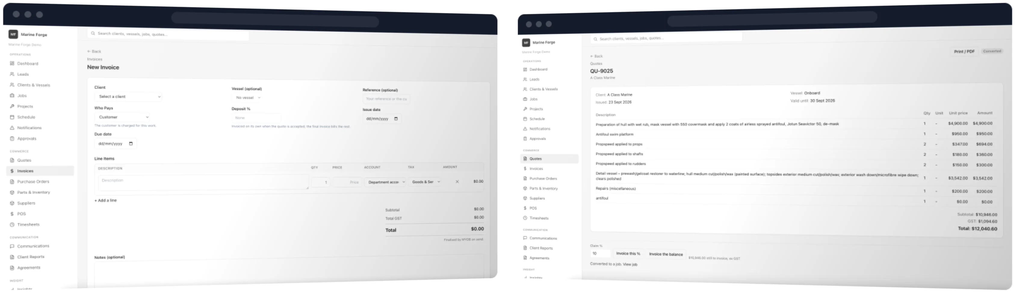 A new invoice with deposit and line items, and progress billing from the quote