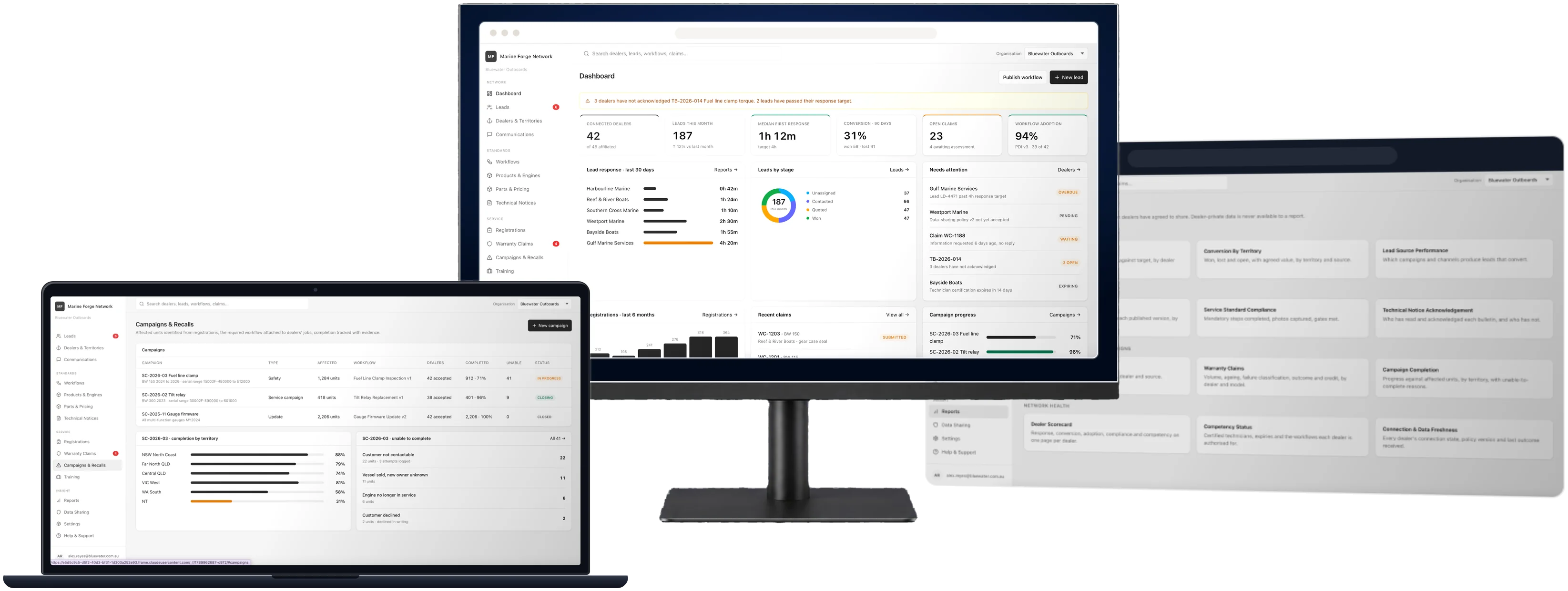 Marine Forge Network: manufacturer dashboard on a display, campaign completion on a laptop and permissioned reports, coming 2027