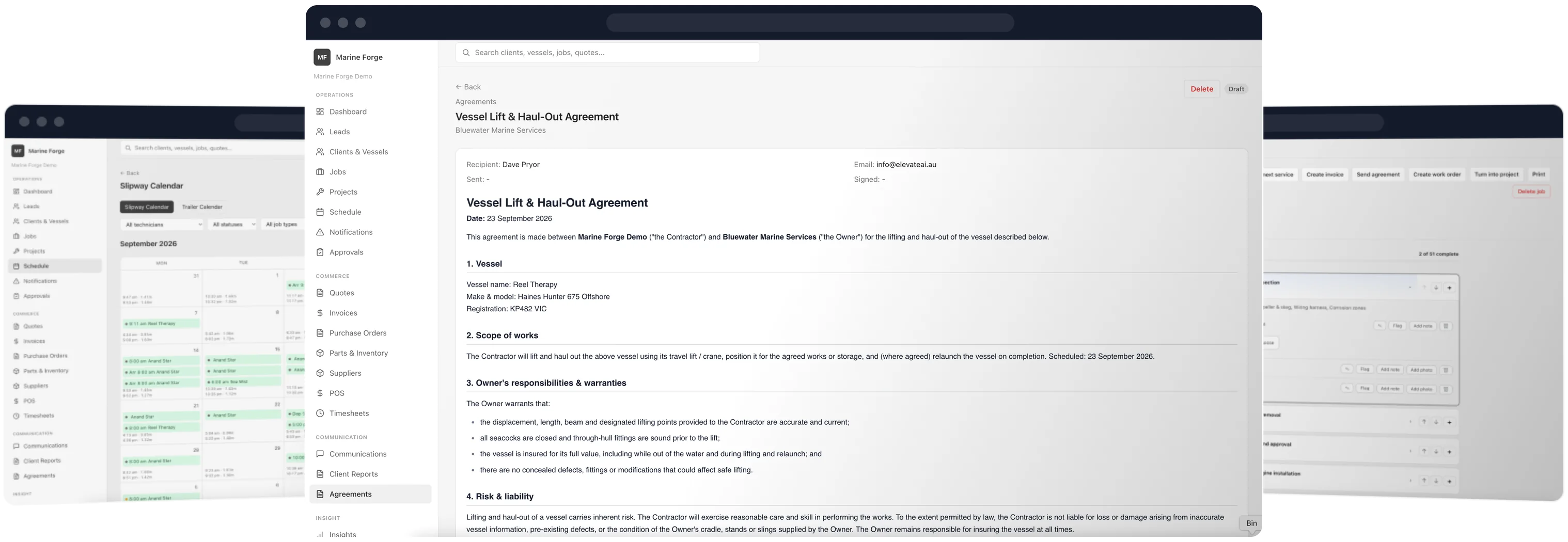 Haul out agreement, slipway calendar and job card across three screens