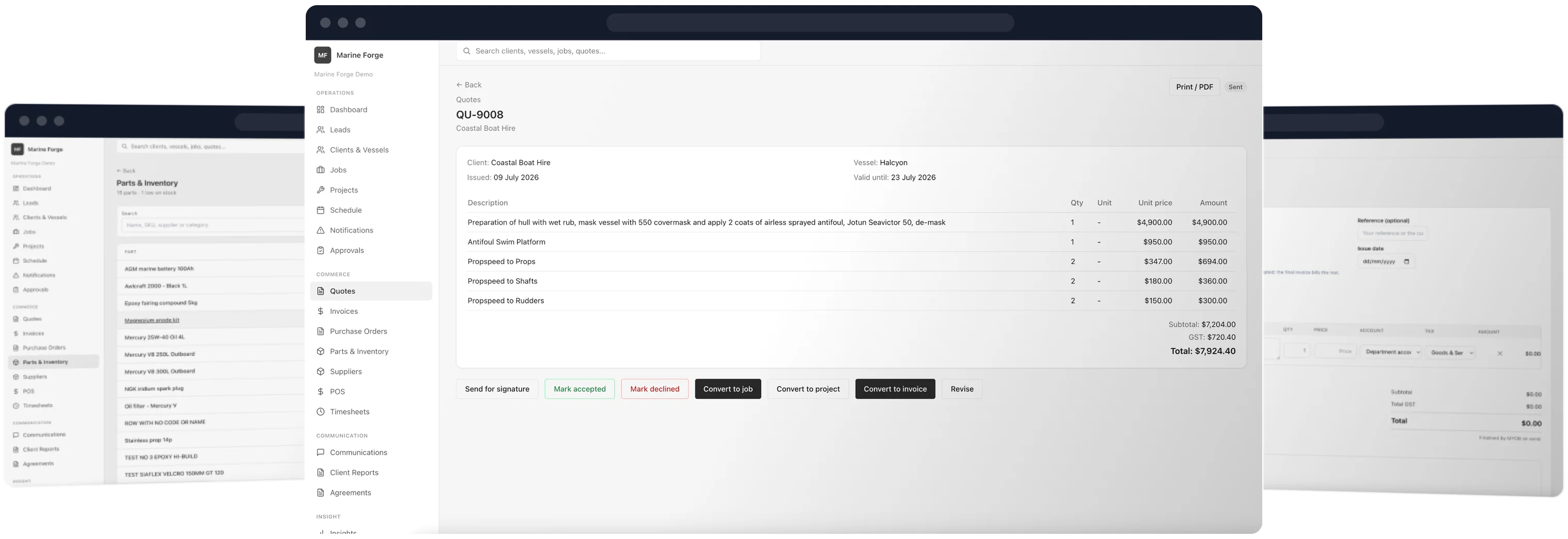 Quote, parts and inventory, and invoice across three screens
